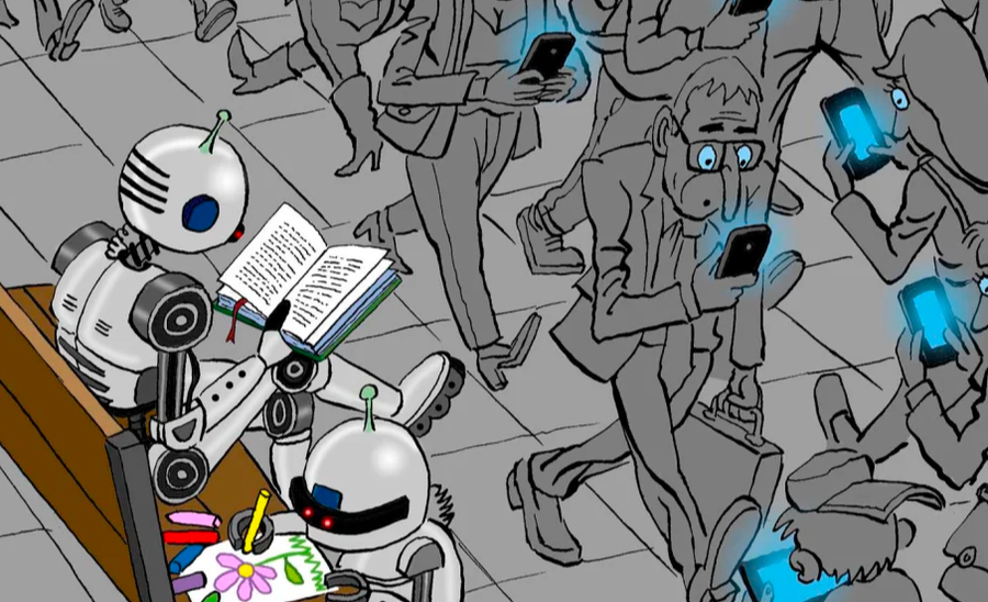 Ilustração de robôs direcionando pessoas