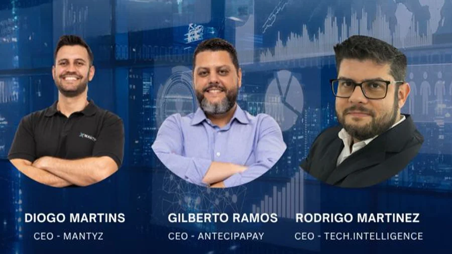 Diogo Martins (Mantyz), Gilberto Ramos (Antecipapay) e Rodrigo Martinez (Tech.Intelligence)